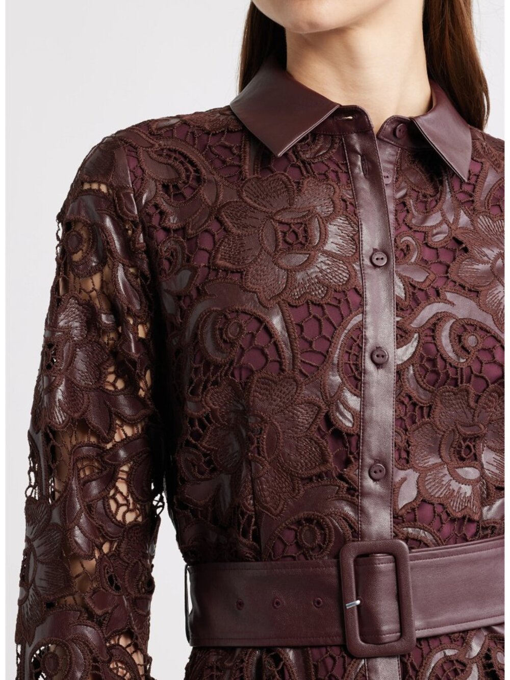 Elie Tahari Chayenne Long Sleeve Faux Leather & Lace Shirtdress - Picture 4 of 12